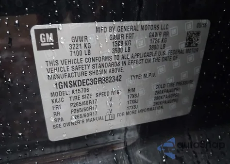 2016 Chevrolet Tahoe Commercial Fleet z USA, uszkodzony, nr VIN 1GNSKDEC3GR382342